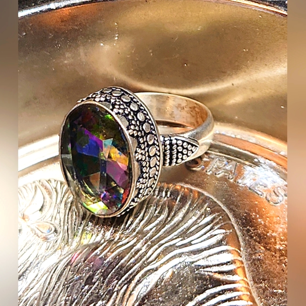 Stunning, Sparkly, Oval-Shaped Mystic Topaz Ring. 925 Sterling Silver Plated.